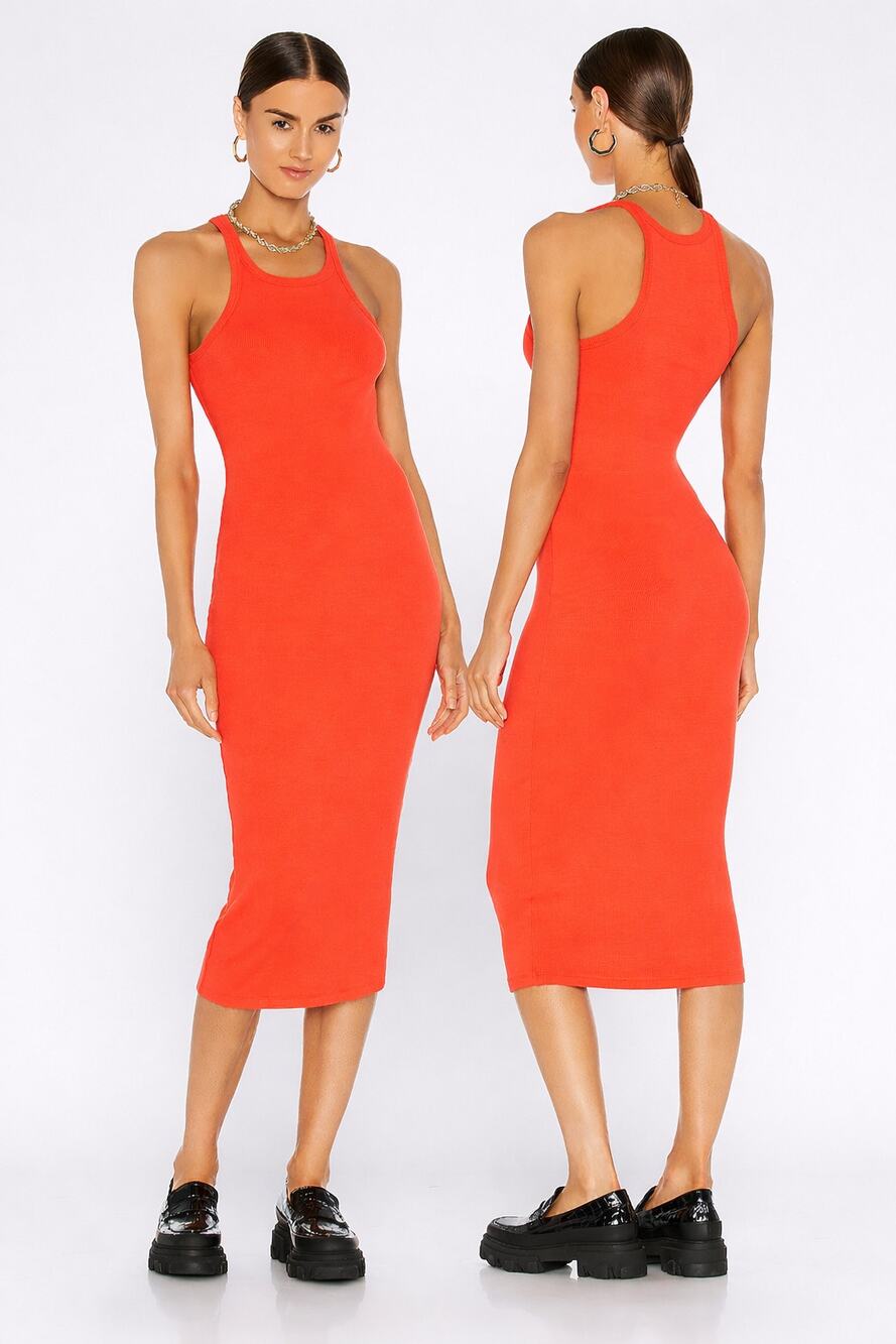 LNA Coral Ribbed Racerbac Midi Tank Dress Casual Womens Med